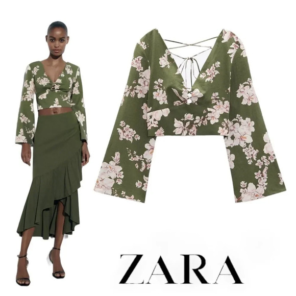 ZARA | Green | PRINTED LINEN BLEND CROPPED TOP - Picture 1 of 12